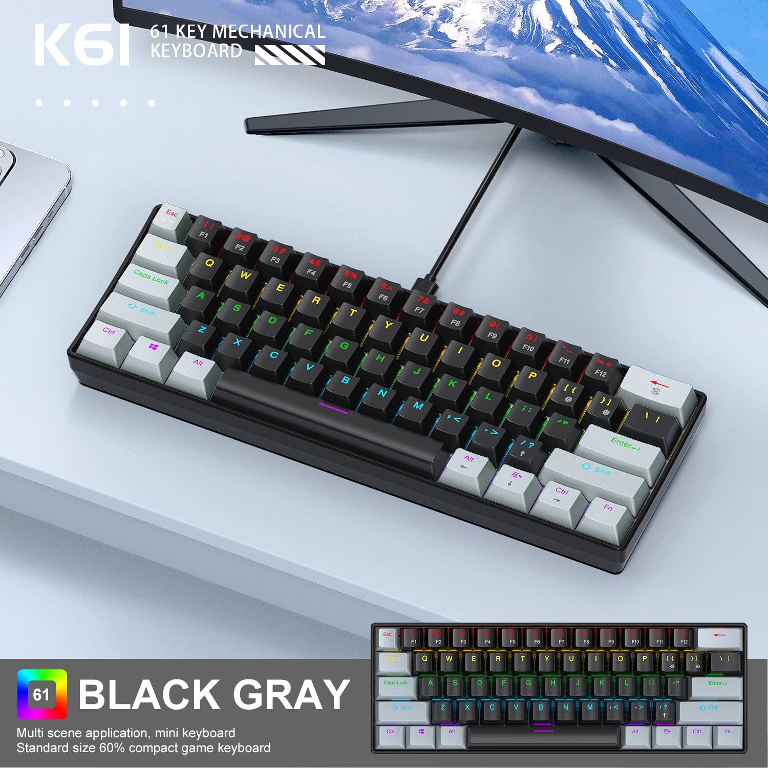 K61 Wired Mechanical Gaming Keyboard – Portable, Phantom RGB