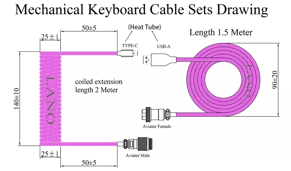 LANO Custom Coiled Mechanical Keyboard Cable – GX16 Aviator, USB-C Paracord