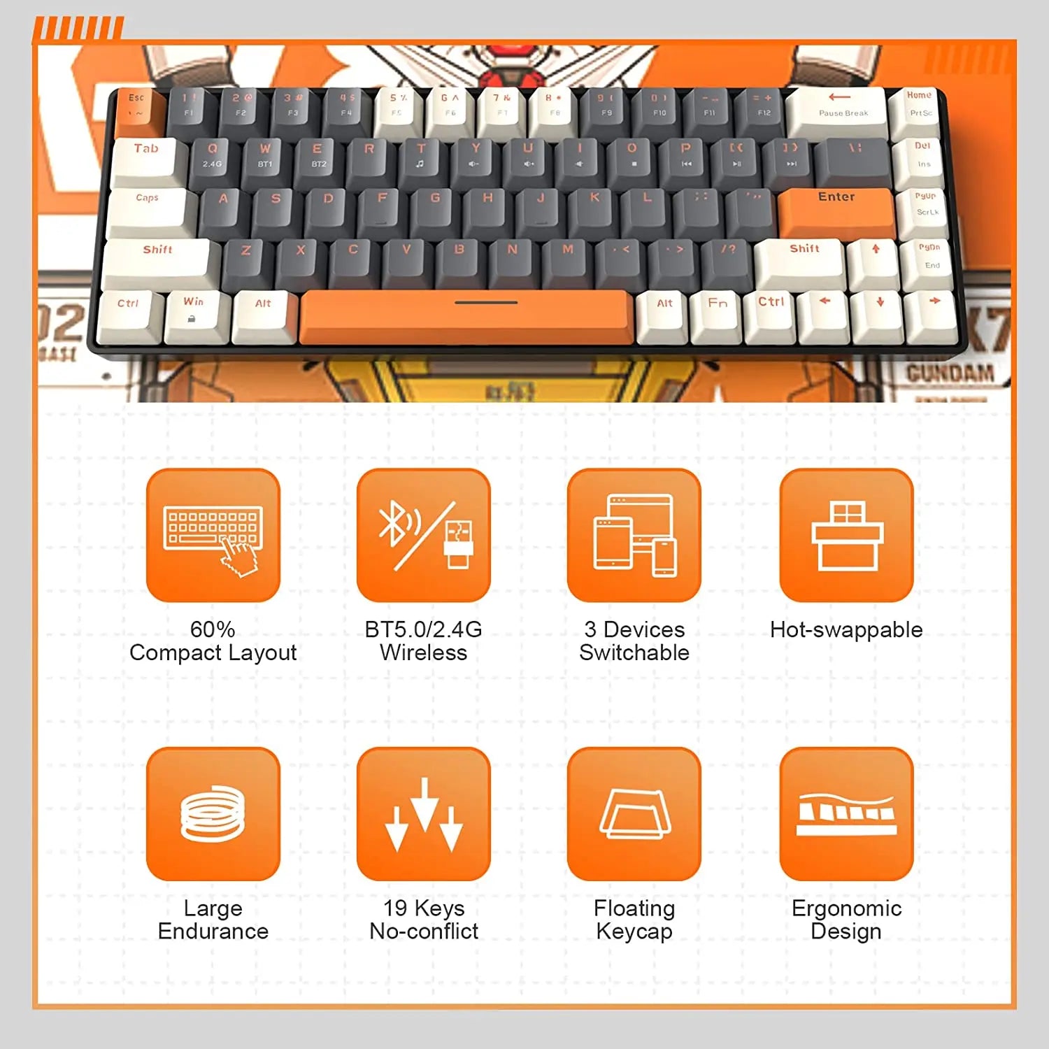 RK68 60% Wireless Mechanical Keyboard – Bluetooth 5.0 / 2.4GHz, Hot-Swappable